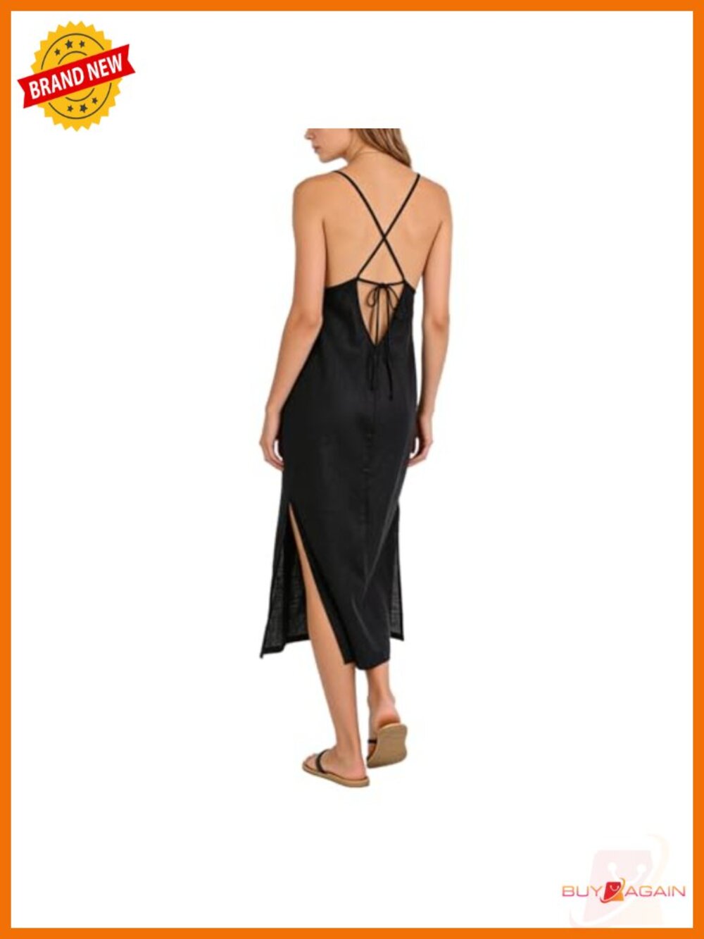100% Linen Spaghetti Strap Backless Midi Dress with Side Slits